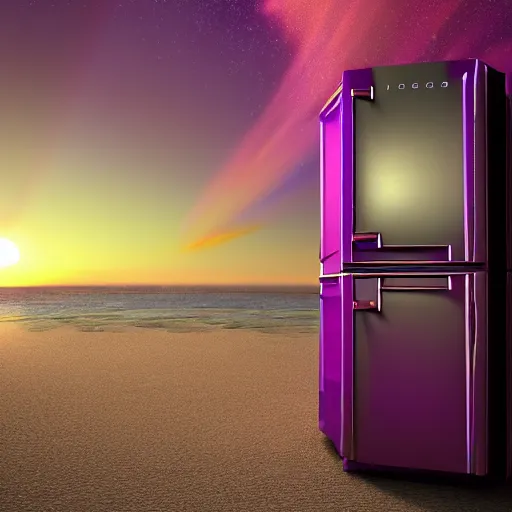Prompt: purple refrigerator on red beach, nebula sunset, digital art, cosmic, 3 d high definition, trending on art station, photorealistic, high resolution, 8 k, octane, hyper detailed, insane details, intricate, elite, ornate, elegant trend, highly detailed and intricate, sharp focus, photography, unreal engine