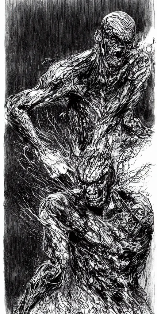 Image similar to concept art of only one man, evil man in a menacing pose, with his body covered in burns, with black smoke coming out of his hands, full body, dark colors, sinister atmosphere, dramatic lighting, cinematic, establishing shot, extremely high detail, photo realistic, cinematic lighting, pen and ink, intricate line drawings, by Yoshitaka Amano, Ruan Jia, Kentaro Miura, Artgerm, post processed, concept art, artstation, matte painting, style by eddie mendoza, raphael lacoste, alex ross,