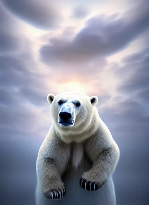 Prompt: a digital painting of a polar bear surrounded by clouds, an ambient occlusion render by mike winkelmann, cgsociety, fantasy art, fractalism, tesseract, rendered in cinema 4 d