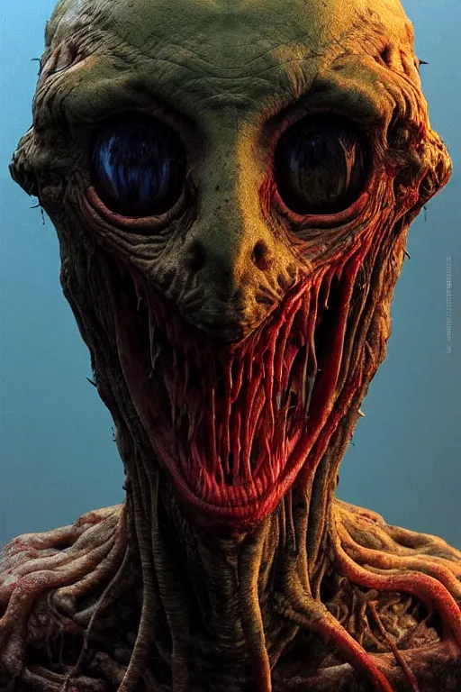 Image similar to perfectly - centered horror portrait - photograph of a brutal scary terrifying ugly monstrous alien goblin creature real life portrait by beksinski and jean delville, slimy pus oozing specular, unreal engine 5, photorealism, hd quality, 8 k resolution, cinema 4 d, hdr dramatic cinematic lighting