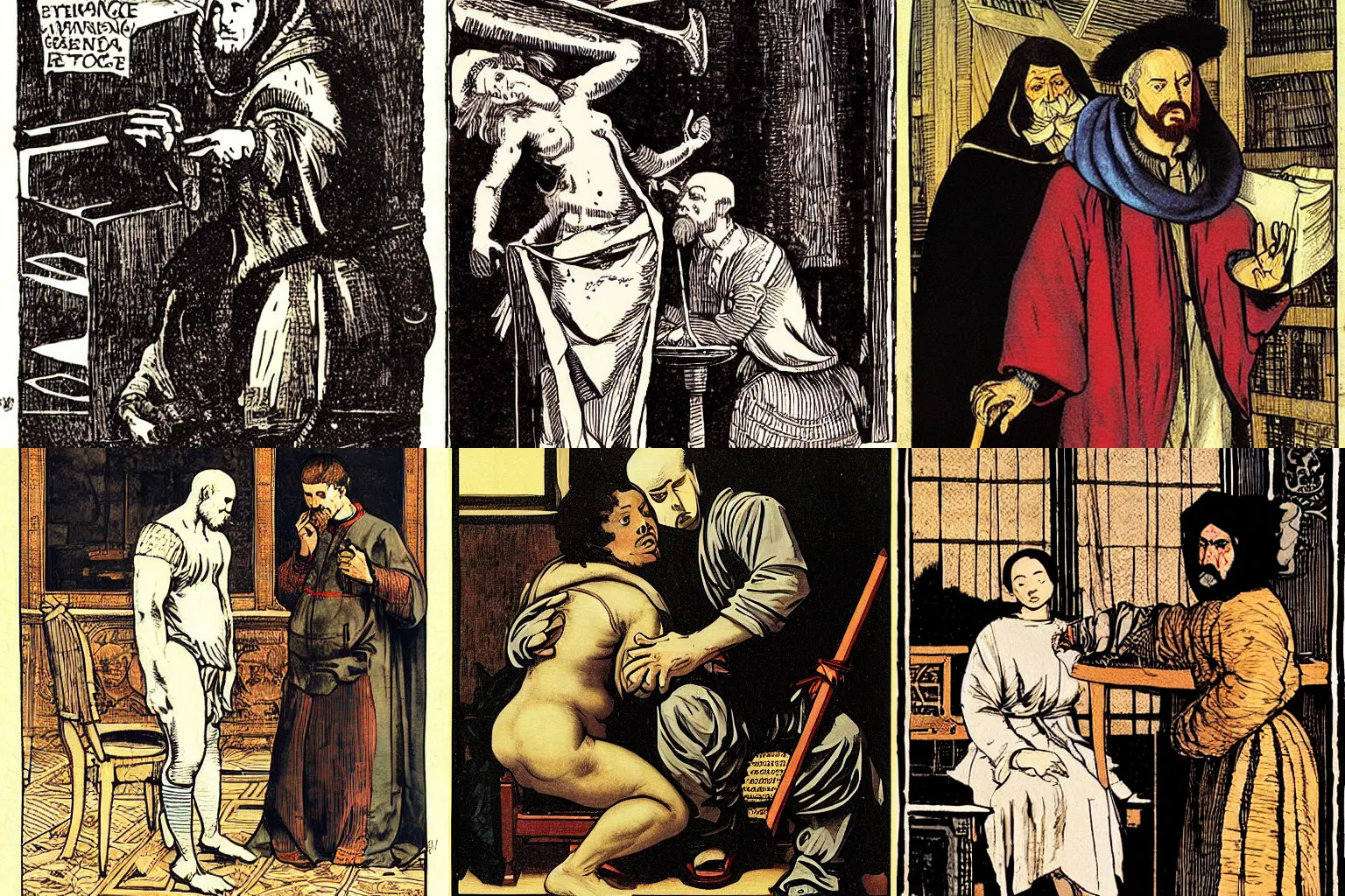 Prompt: knowledge and ignorance. woodcut by diego velazquez and milo manara