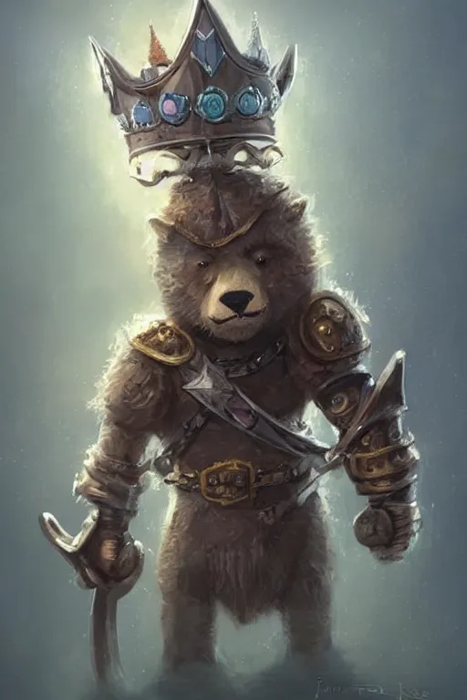 Image similar to cute little anthropomorphic bear knight wearing a cape and a crown, tiny, small, miniature bear, baby animal, short, pale blue armor, cute and adorable, pretty, beautiful, DnD character art portrait, matte fantasy painting, DeviantArt Artstation, by Jason Felix by Steve Argyle by Tyler Jacobson by Peter Mohrbacher, cinematic lighting