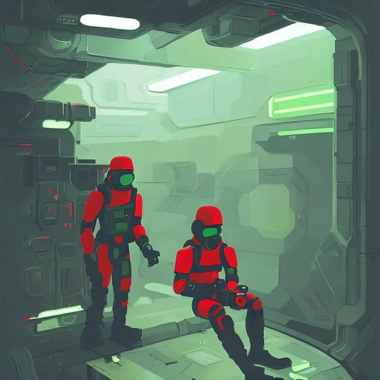 Prompt: A soldier wearing red armor, high-tech red armor, green visor, green lights in the armor, sci-fi soldier, nuclear operatives, inside a space station, dark blue space station, dark blue moods, art by James Gilleard, James Gilleard artwork, vintage