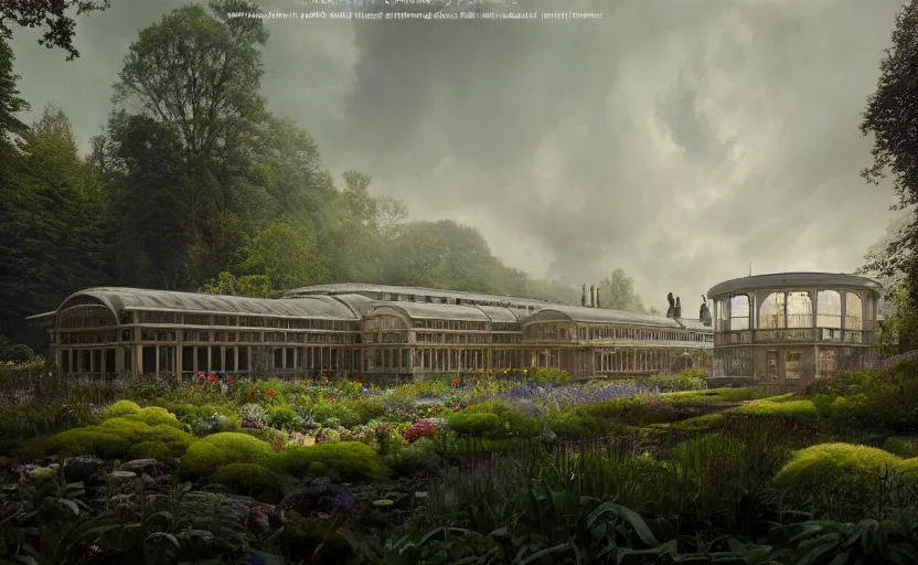 Prompt: exterior shot of utopian victorian train station on in the middle of an english garden with cinematic lighting by peter zumthor and renzo piano, darek zabrocki and greg ruthkowski, simon stalenhag, cinematic, holy place, paradise, scifi, futurism, atmospheric, concept art, artstation, trending on artstation