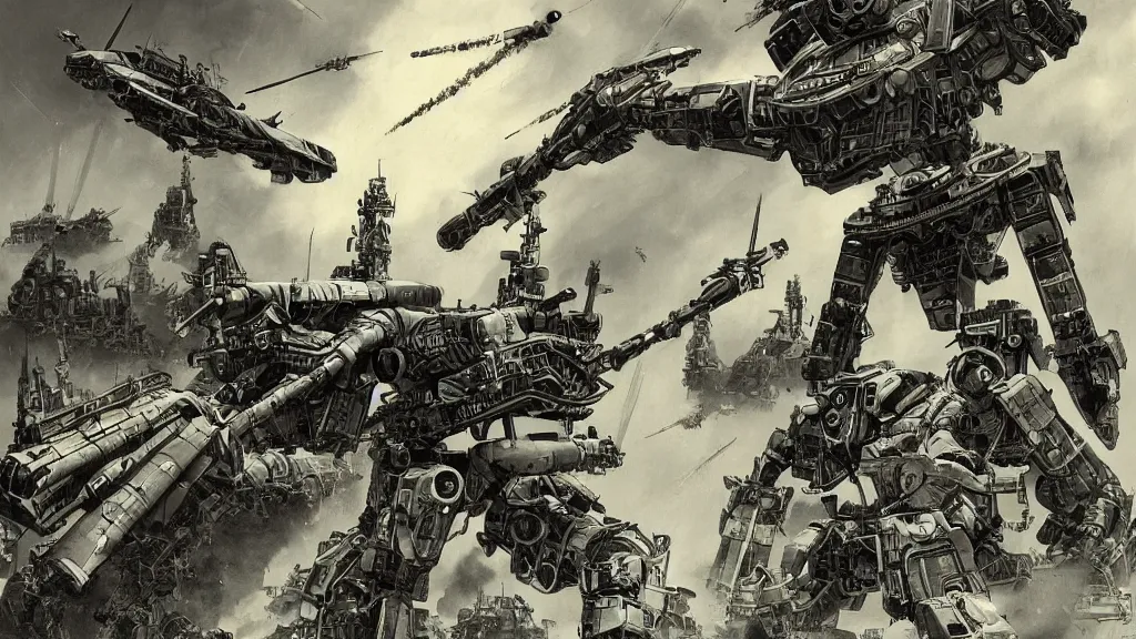 Image similar to Retro-futuristic mech launching missiles, WWII Japan, sci-fi illustrations, highly detailed, award-winning, dark, gritty, ink, defined lines