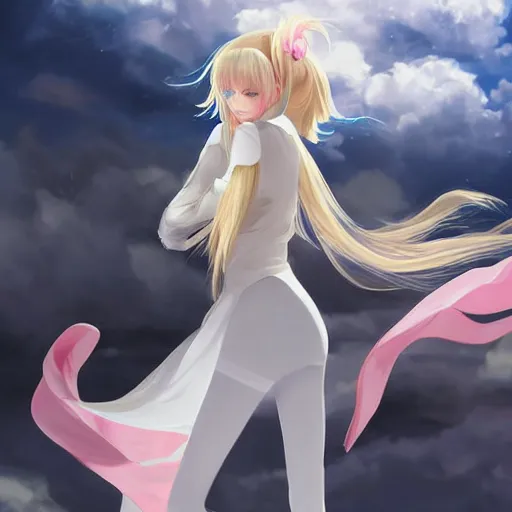 Image similar to blonde - haired princess, anime princess, wearing black jacket and white leggings, greek hillside city, portal in the sky, spinning clouds, portal in sky, strong lighting, strong shadows, vivid hues, ultra - realistic, sharp details, subsurface scattering, intricate details, hd anime, 2 0 1 9 anime