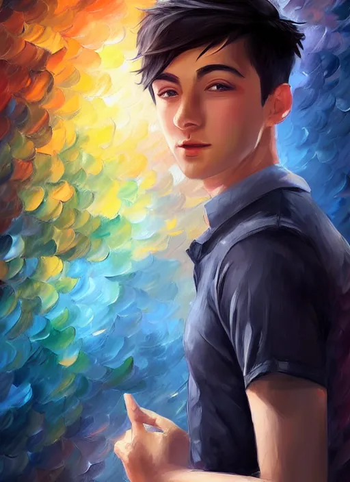 Image similar to handsome young man with short black hair, male, full detailed clothing, half body shot, arms down, path traced, highly detailed, high quality, digital painting, alena aenami, leonid afremov, lilia alvarado, shinji aramaki, karol bak