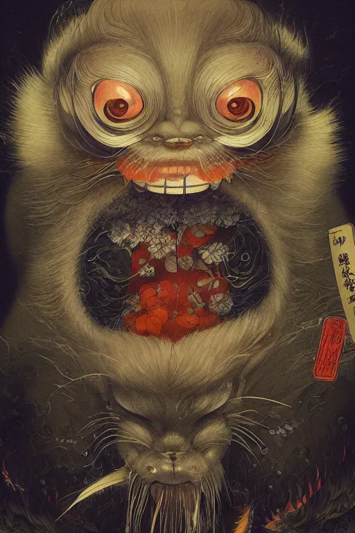 Image similar to a portrait of a japanese yokai animal illustrated by miyazaki by karol bak, james jean, tom bagshaw, rococo, sharp focus, trending on artstation, cinematic lighting, hyper realism, octane render, 8 k, hyper detailed, vivid, ultra detailed, highly detailed