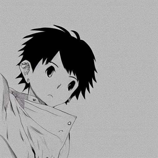 Image similar to black and white manga illustration of a boy with short dark hair and wearing a white shirt, illustrated by sadamoto