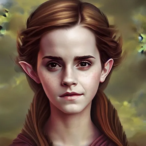 Image similar to a movie still frame, of emma watson as a female elf, oil on linen, beautiful painting, by tooth wu, artgerm, fantasy concept art portrait, by bayard wu,