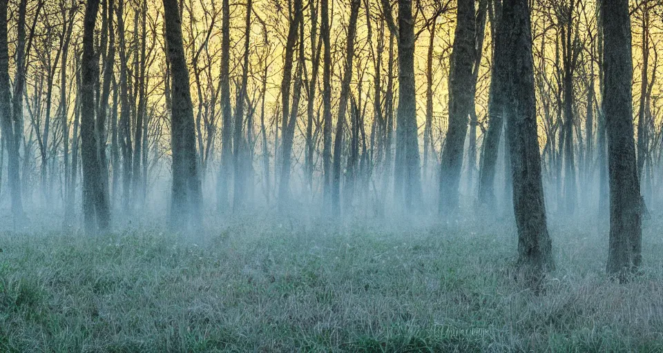 Image similar to softly glowing orbs of soft pastel light floating above the forest floor at twilight, illuminating the surrounding scenery