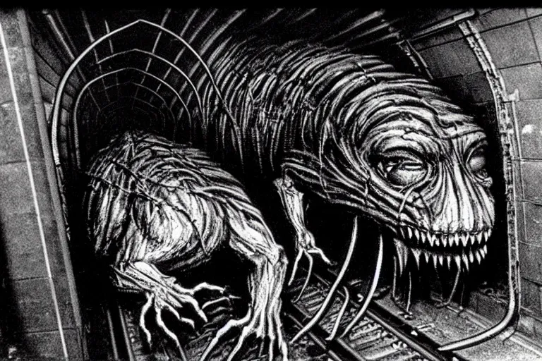 Image similar to very large giant mutant zombie irradiated ( angry rat ) staying on railways in tonnel of moscow subway. tonnel, railways, giant angry rat, furr, fangs, claws, very realistic. extreme long shot, 1 6 mm lens, herman nitsch and herman nitsch, giger.