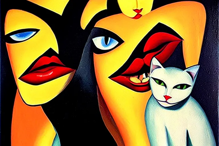 Image similar to a painting of two cats with red lips ina an emerald city, an art deco painting by tamara lempicka, featured on deviantart, figurative art, art deco, detailed painting, airbrush art