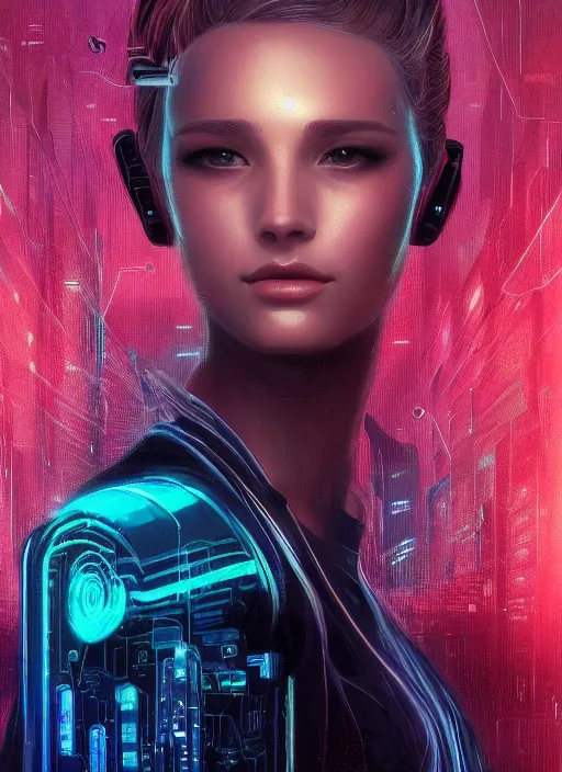 Prompt: beautiful young woman, gorgeous face, sad eyes, tears, bladerunner city landscape, cybernetic, wires, technology, vaporwave aesthetic, synthwave, cyberpunk, colorful, intricate, elegant, highly detailed, digital painting, artstation, concept art, smooth, sharp focus, illustration, art by artgerm and greg rutkowski and alphonse mucha