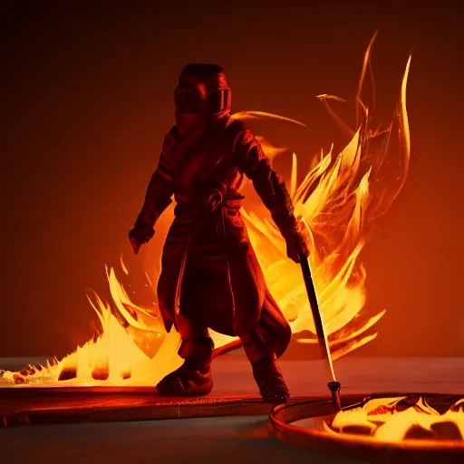 Image similar to a ninja with a sword in a fire background, 3 d render octane, trending on artstation