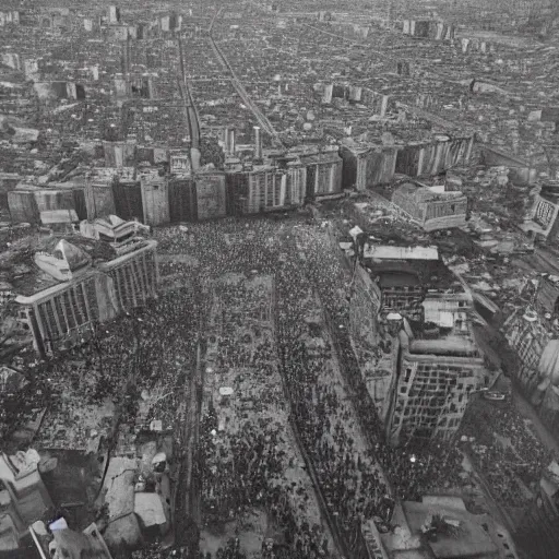 Prompt: aerial photo of one million people fighting against military in a large city, explosions can be seen, war