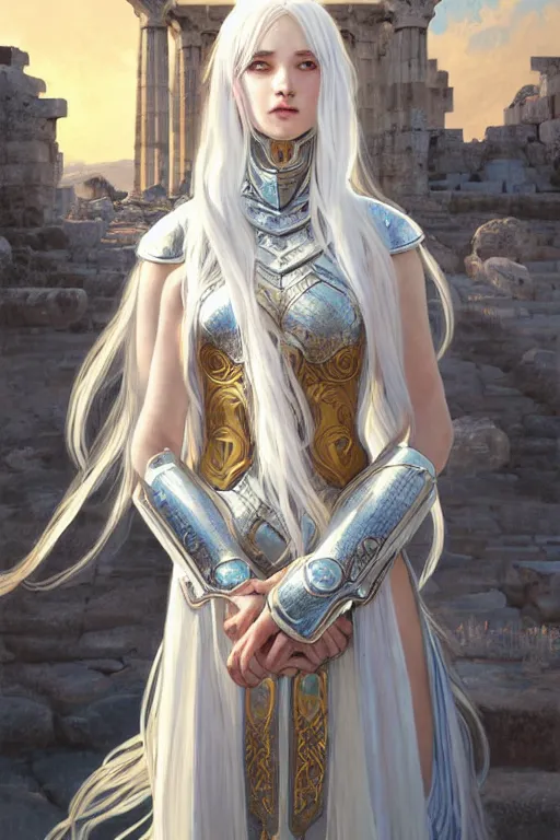 Image similar to portrait white hair knights of zodiac girl, sliver ice color reflected armor, in ruined agora of athens sunrise, ssci - fi and fantasy, intricate and very very beautiful and elegant, highly detailed, digital painting, artstation, concept art, smooth and sharp focus, illustration, art by tian zi and wlop and alphonse mucha