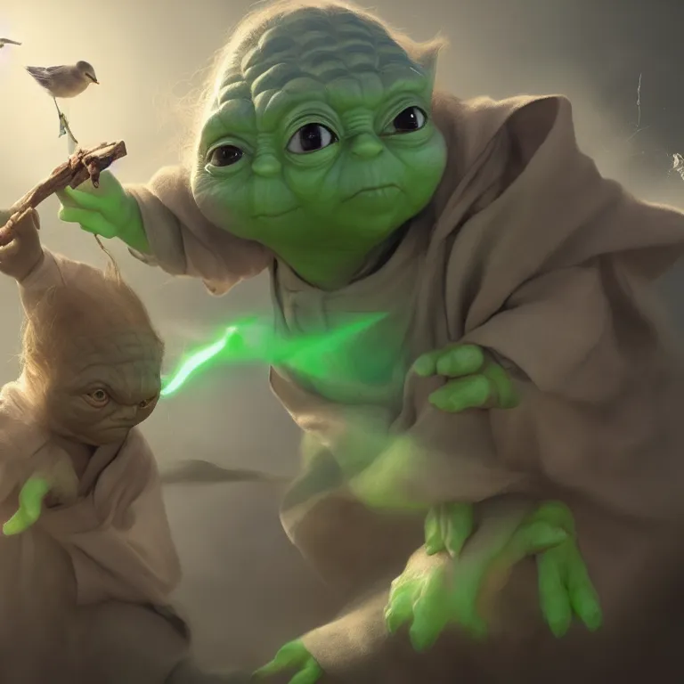 Image similar to Yoda smacking a seagull with a stick, hyperdetailed, artstation, cgsociety, 8k