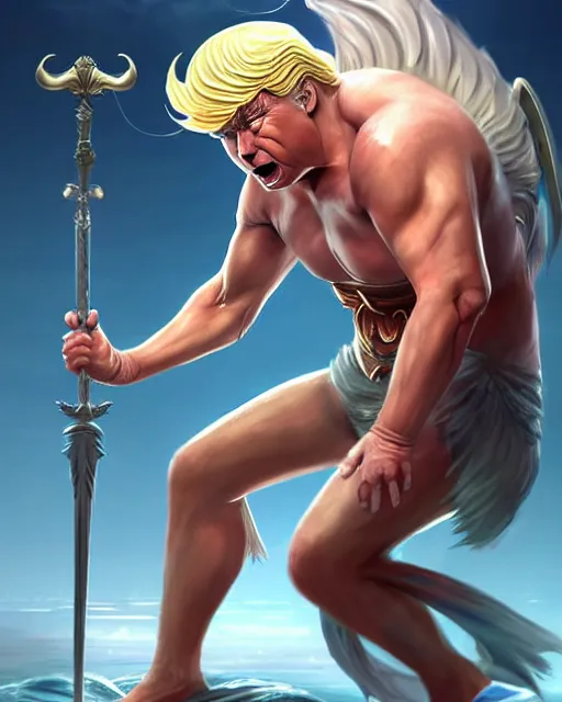Image similar to character concept art of donald trump as poseidon in a dynamic pose | cute - fine face, pretty face, realistic shaded perfect face, fine details by stanley artgerm lau, wlop, rossdraws, james jean, andrei riabovitchev, marc simonetti, and sakimichan, tranding on artstation
