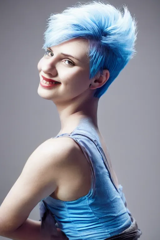 Image similar to photo of young cute punk woman with blue pixie cut posing, hyper detailed