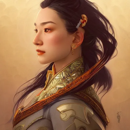 Image similar to portrait of mongolian knight, elegant, intricate, headshot, highly detailed, digital painting, artstation, concept art, sharp focus, illustration, art by artgerm and greg rutkowski and alphonse mucha