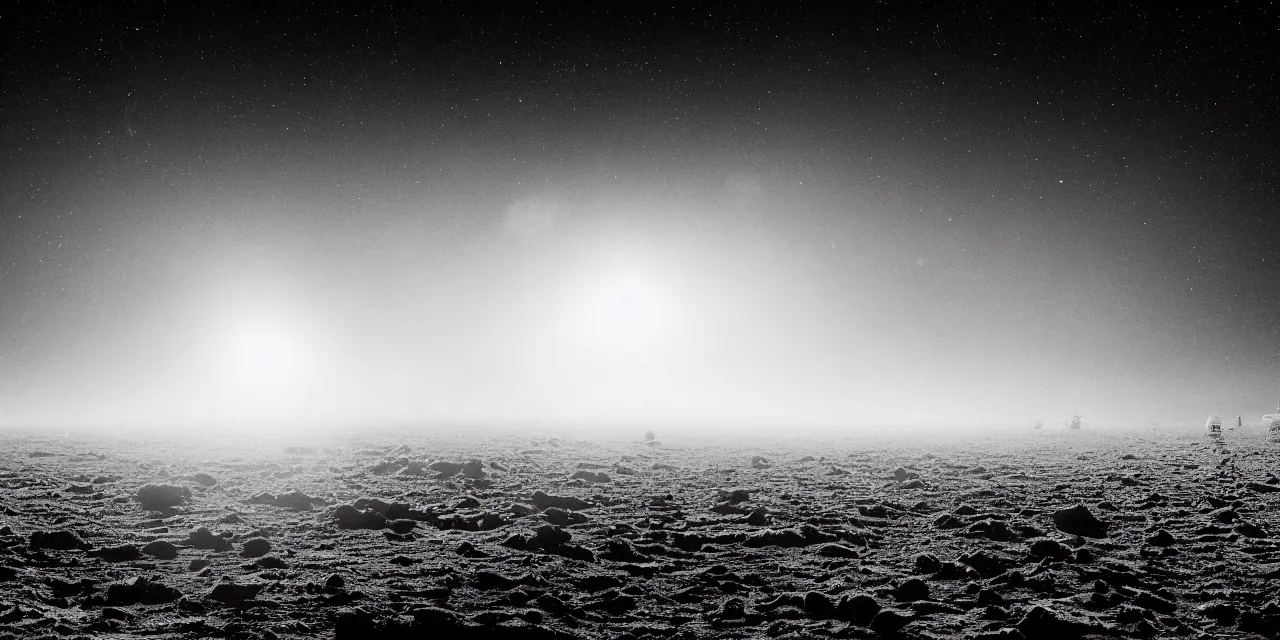 Image similar to closeup black and white photo from the surface of the moon, cinematic film still, glowing landing lights on spaceship landing on, stars and space in the background, fog and dust