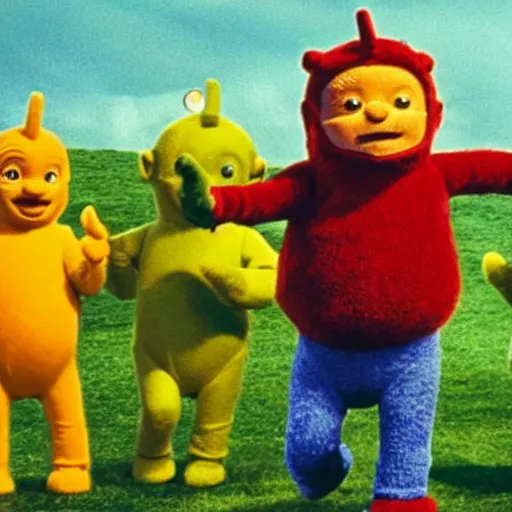 Prompt: movie still of harrison ford in teletubbies