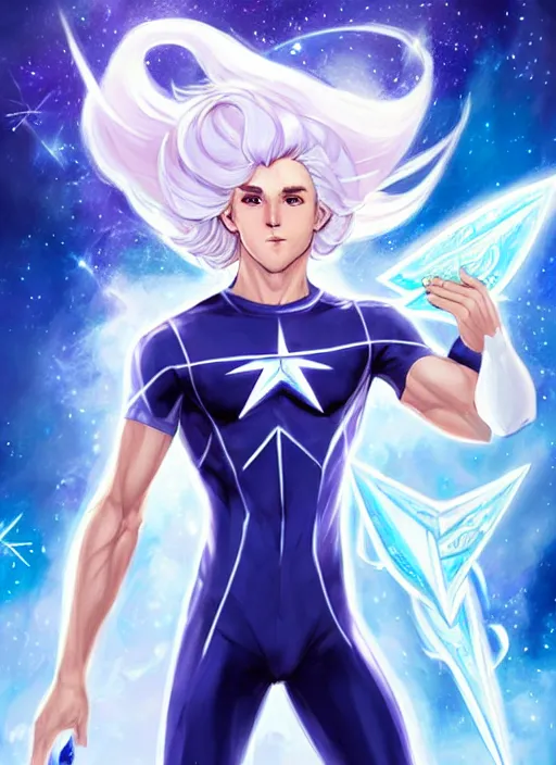 Image similar to full body portrait of quicksilver as a magical star guardian. detailed face, concept art, intricate, highly detailed 8 k, smooth, sharp focus, beautiful and aesthetic shape of face and body, artgerm, artstation, art by zexi guo and nira and junpei suzuki and gharliera and rinotuna