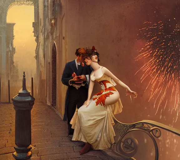 Image similar to photography of a couple in venice with fireworks, deep focus, intricate, elegant, highly detailed, digital painting, artstation, concept art, matte, sharp focus, illustration, art by artgerm and greg rutkowski and alphonse mucha and gil elvgren