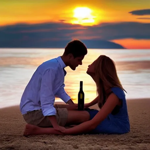 Image similar to one young man and one young woman drinking wine on a beach at sunset, beautiful colors, amazing landscape, digital art