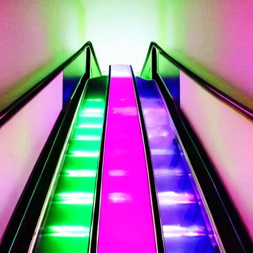 Prompt: a colour Polaroid photo of an illuminated escalator with iridescent Perspex panels in a field, nostalgic