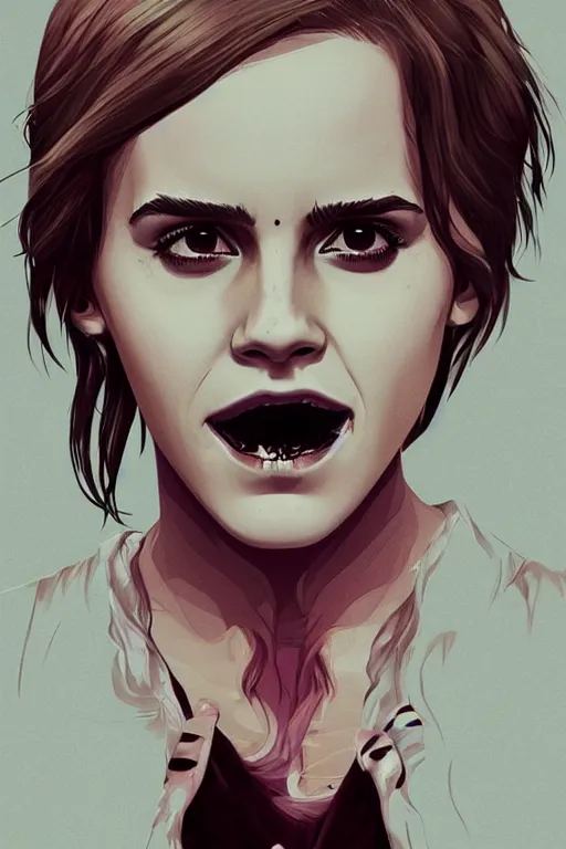 Prompt: emma watson, full body, big two toned eyes, teeth gritted, horror, intricate details, cinematic, epic, realistic, anatomy, tomer hanuka, uplight, artstation, photorealistic, scary