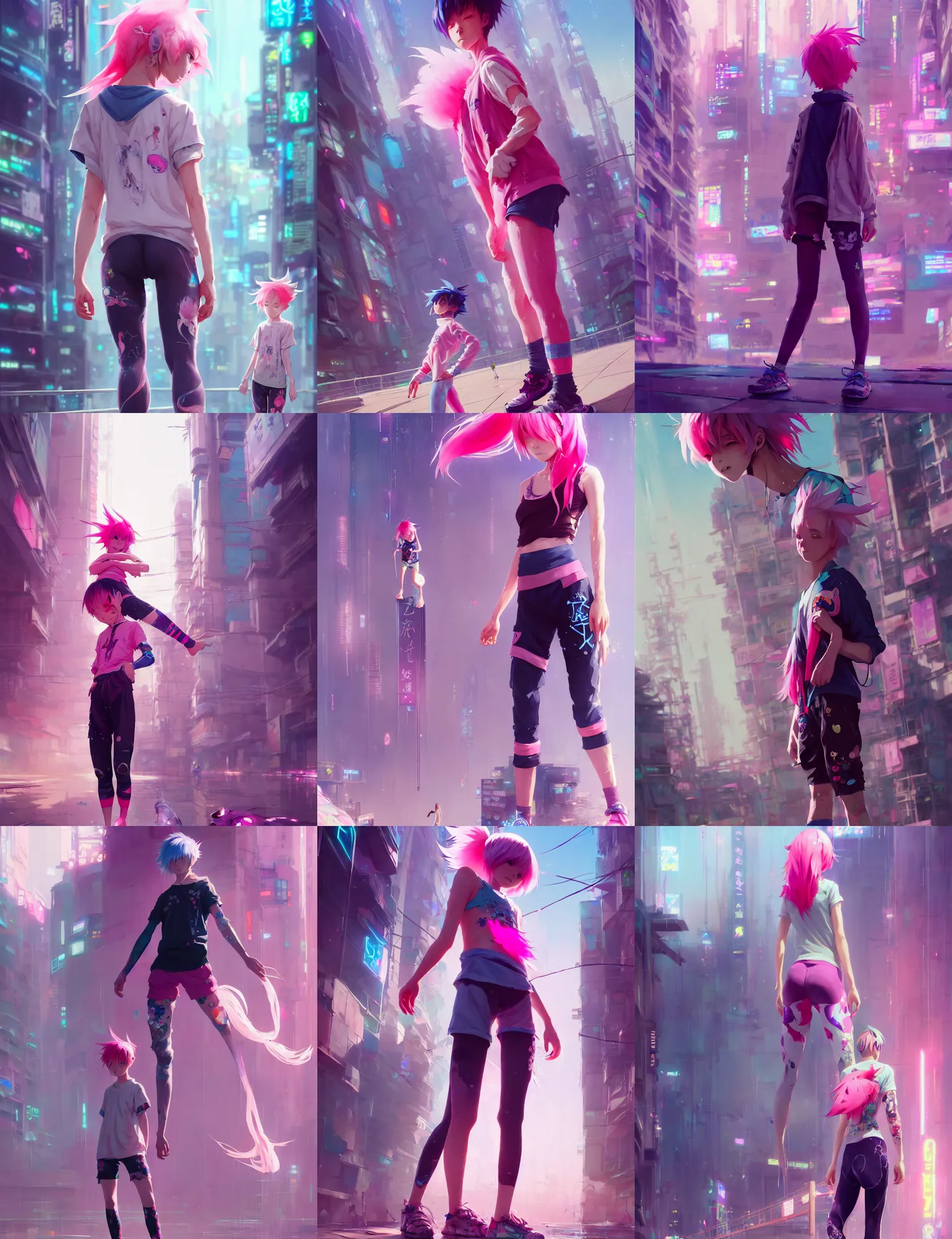 Prompt: a beautiful fullbody portrait of a cute anime boy with pink hairs barefoot wearing sport clothing and leggings under shorts in cyberpunk city. character design by cory loftis, fenghua zhong, ryohei hase, ismail inceoglu and ruan jia. artstation, volumetric light, detailed, photorealistic, fantasy, rendered in octane