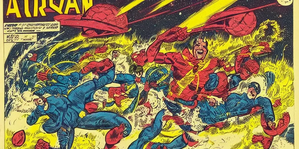 Image similar to a highly detailed beautiful portrait of marsman attacking earth, retro, vintage, comic book seventies