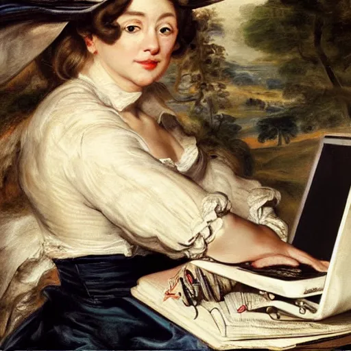 Image similar to heavenly summer sharp land sphere scallop well dressed lady working on her laptop auslese, by peter paul rubens and eugene delacroix and karol bak, hyperrealism, digital illustration, fauvist