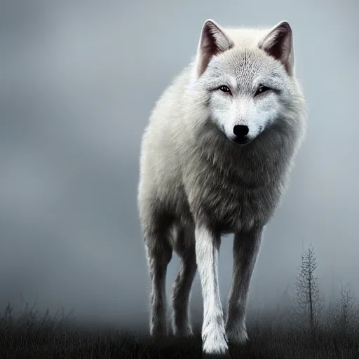 Image similar to Bloodthirsty wolf in white sheep's clothing, gloomy atmosphere, hyperrealism, no blur, 4k resolution, ultra detailed-i