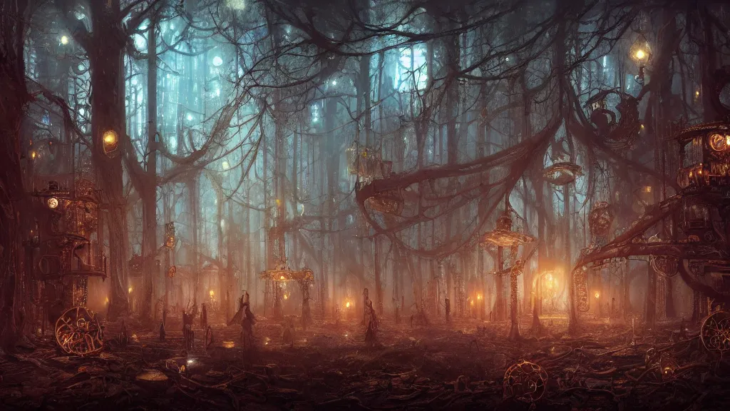 Prompt: a vast clockwork forest at night, steampunk machinery, automatons, trees made out of gears, magical mystical blue lighting, intricate matte painting, highly detailed oil painting, epic fantasy art, artstation, masterpiece, 8k