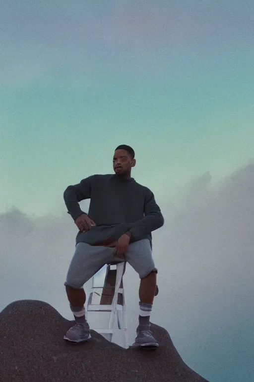 Image similar to high quality pastel coloured film close up wide angle photograph of will smith wearing clothing resting on cloud furniture in a icelandic black rock!! environment in a partially haze filled dreamstate world. three point light, rainbow. photographic production. art directed. pastel colours. volumetric clouds. pastel gradient overlay. waves glitch artefacts. extreme facial clarity. 8 k. filmic.