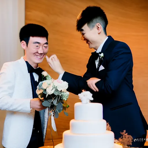 Prompt: cookie monster marries justin sun, professional gay wedding photography