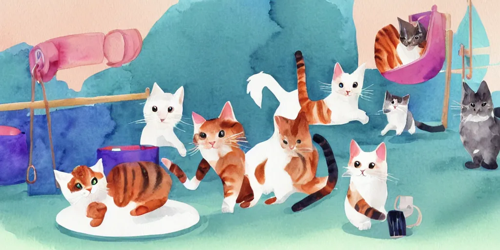 Image similar to watercolor illustration style, cute cats training in cat gym club