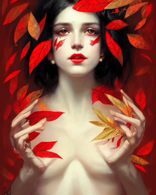 Prompt: highly detailed beautiful pale skin hippie, black hair, flying leaves on backround, symmetrical, red lips, paint by ilya repin and anna dittman trending on artstation, intricate details, energetic composition, golden ratio, concept art, illustration, elegant art