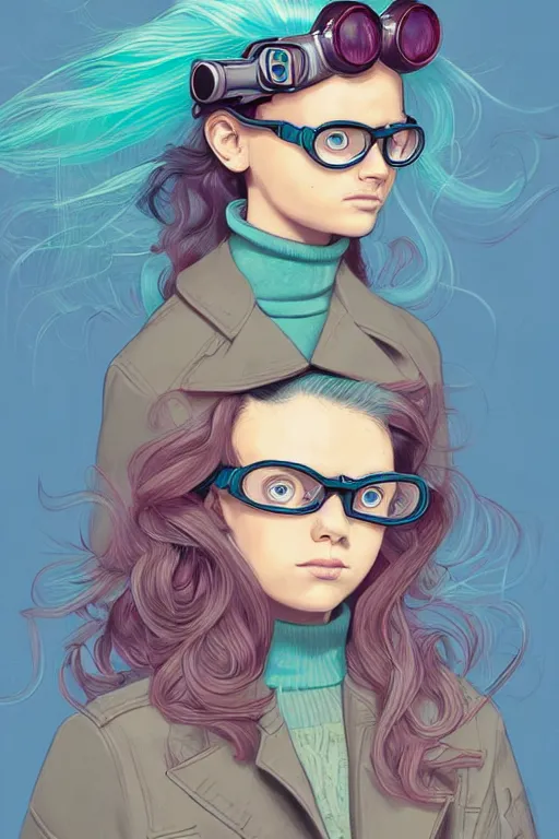 Prompt: portrait painting of a teenage girl with swept back wild aquamarine hair, fashionable, windy, goggles, sharp focus, award - winning, trending on artstation, masterpiece, highly detailed, intricate. art by josan gonzales and moebius and deathburger