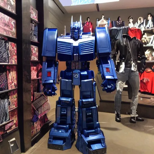 Image similar to “optimus prime shopping for clothes at hot topic”