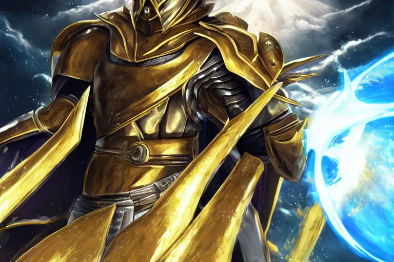Image similar to an ultra detailed portrait of saladin as a paladin shonen anime protagonist charging into battle wearing bright gold armor and huge flaming longsword blessed by god, epic anime fantasy, 8 k, volumetric lighting, smooth, highly detailed, digital illustration, art by kentaro miura and akira toriyama and artgerm