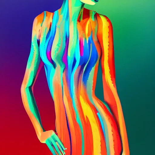 Prompt: beautiful model girl body art fabric skin turns into dress with colouful plastic bad folds heavy brushstrokes style of jonathan zawada, thisset colours simple background gradient objective light orange and blue amber colours
