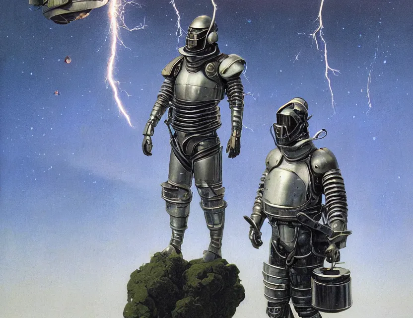 Prompt: a detailed portrait painting of futuristic bomb disposal soldier wearing armour and a reflective visor, spacecraft flies in the distance. cinematic sci-fi poster. Flight suit, cloth and metal, accurate anatomy. Samurai influence, knight influence. fencing armour. portrait symmetrical and science fiction theme with lightning, aurora lighting. clouds and stars. Futurism by moebius beksinski carl spitzweg moebius and tuomas korpi. baroque elements. baroque element. intricate artwork by caravaggio. Oil painting. Trending on artstation. 8k