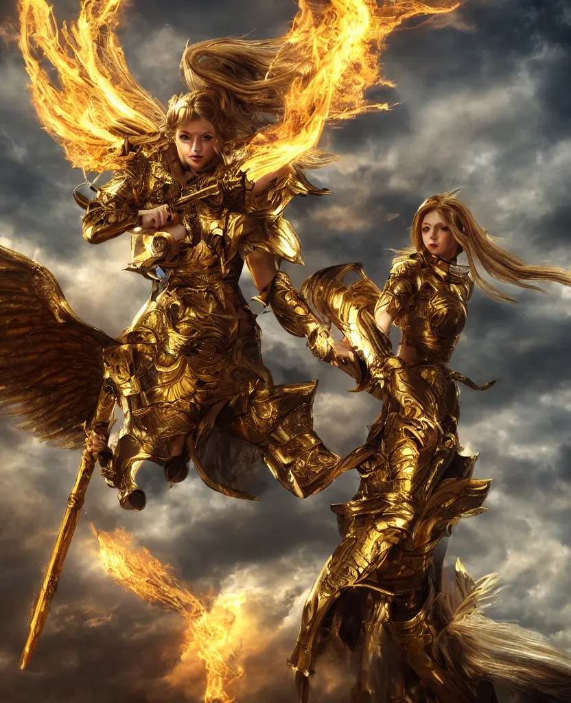 Prompt: A fiercely beautiful woman in golden angelic battle armor wielding a flaming sword, among heavenly clouds, long shot, wide shot, full shot, cinematic, epic, 4k, realism