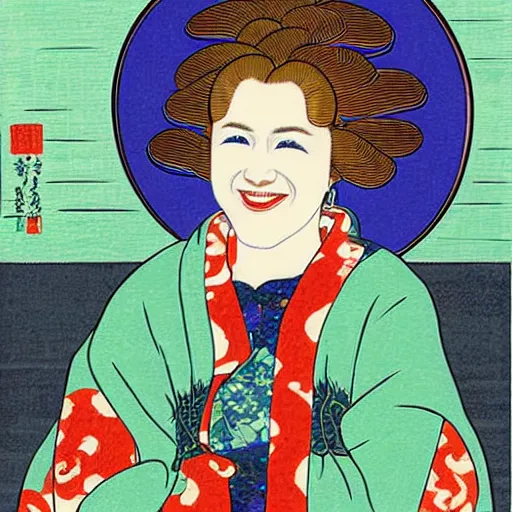 Image similar to very detailed and colorful portrait of bernadette peters smiling, painted in the ukiyo - e style