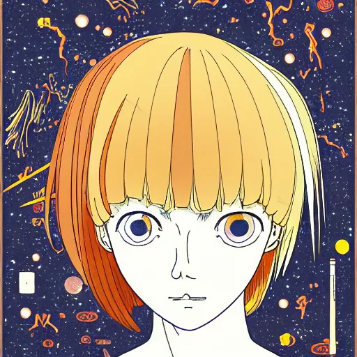 Image similar to prompt: Fragile looking flat colors portrait face drawn by Katsuhiro Otomo and Suehiro Maruo, inspired by Paprika anime, animation clean film, magical and alchemical objects on the side, soft light, white background, intricate detail, intricate ink painting detail, sharp high detail, manga and anime 2000