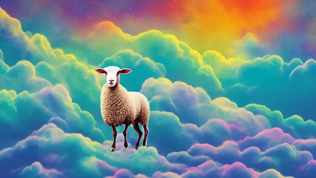 Image similar to portrait of a sheep on a colorful nebulous cloud backdrop